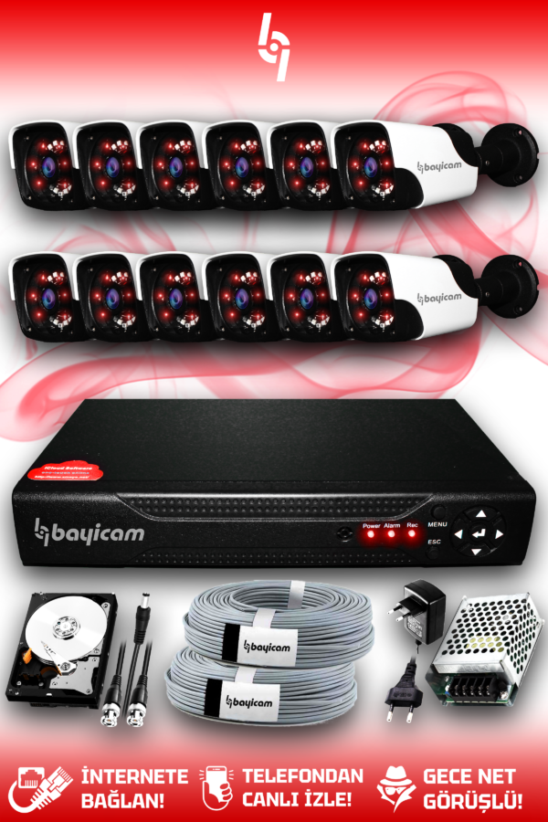 12 Kameralı Panda 12 Dış Kamera Set 2 TB HDD Full HD Gece Görüşlü Güvenlik Kamerası Sistemi
