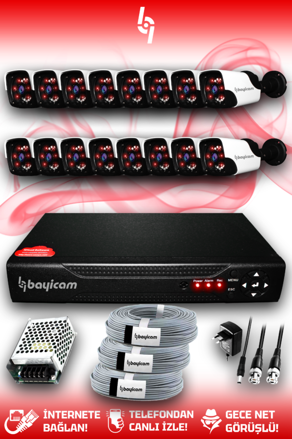 16 Kameralı Panda 16 Dış Kamera Set HDD'siz Full HD Gece Görüşlü Güvenlik Kamerası Sistemi