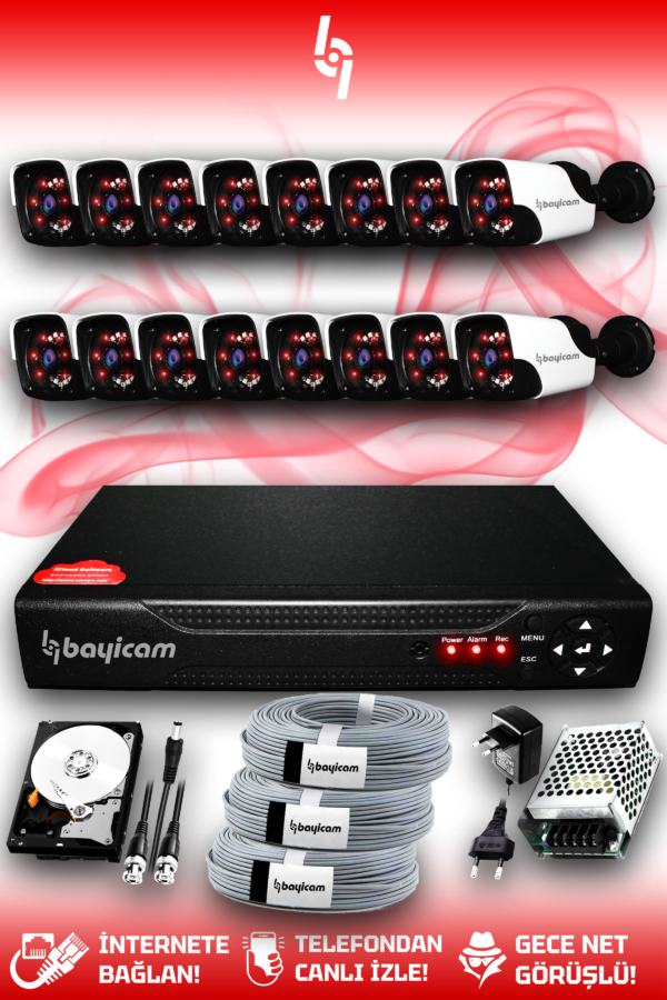 16 Kameralı Panda 16 Dış Kamera Set 1 TB HDD Full HD Gece Görüşlü Güvenlik Kamerası Sistemi