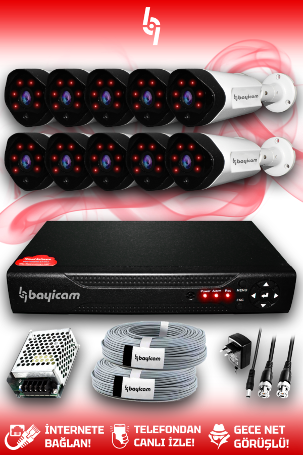 10 Kameralı Uzay 10 Dış Kamera Set HDD'siz Full HD Gece Görüşlü Güvenlik Kamerası Sistemi