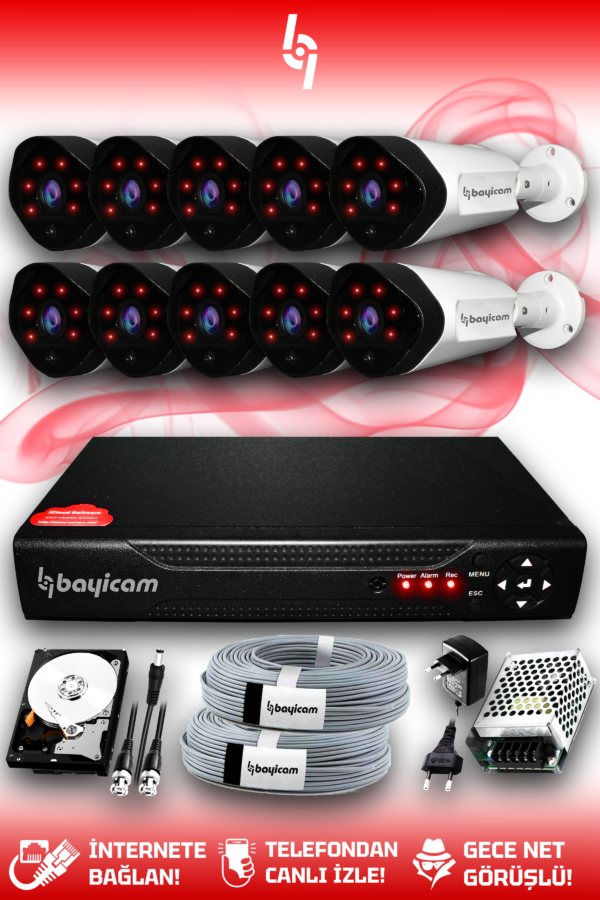 10 Kameralı Uzay 10 Dış Kamera Set 1 TB HDD Full HD Gece Görüşlü Güvenlik Kamerası Sistemi