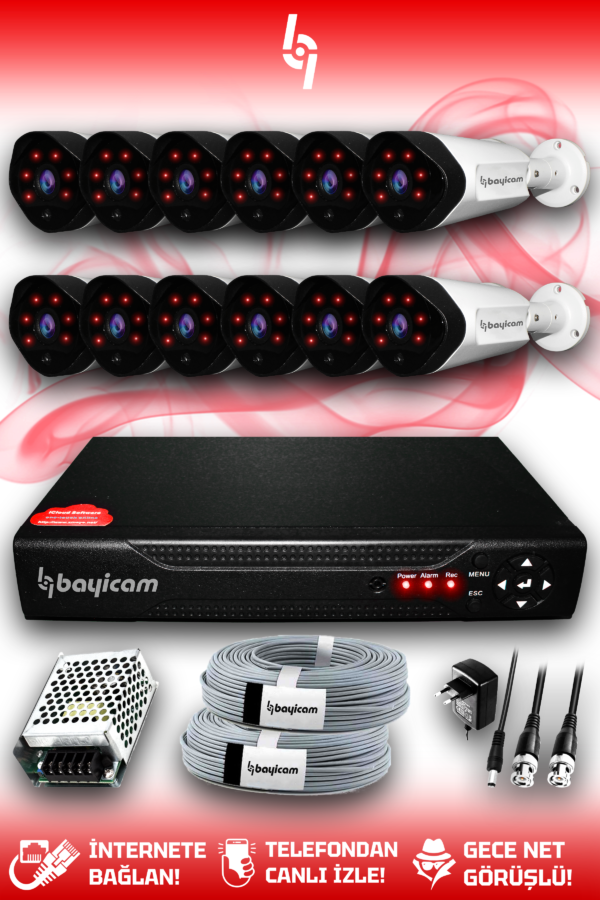 12 Kameralı Uzay 12 Dış Kamera Set HDD'siz Full HD Gece Görüşlü Güvenlik Kamerası Sistemi
