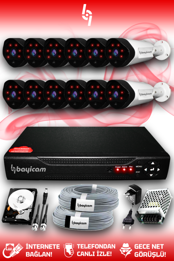 12 Kameralı Uzay 12 Dış Kamera Set 1 TB HDD Full HD Gece Görüşlü Güvenlik Kamerası Sistemi