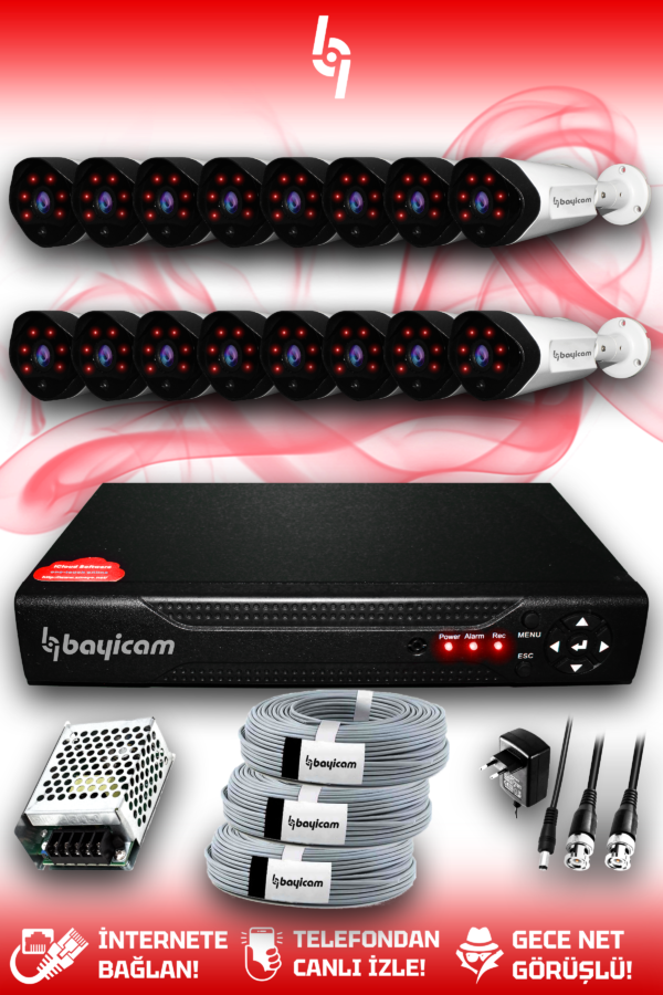 16 Kameralı Uzay 16 Dış Kamera Set HDD'siz Full HD Gece Görüşlü Güvenlik Kamerası Sistemi
