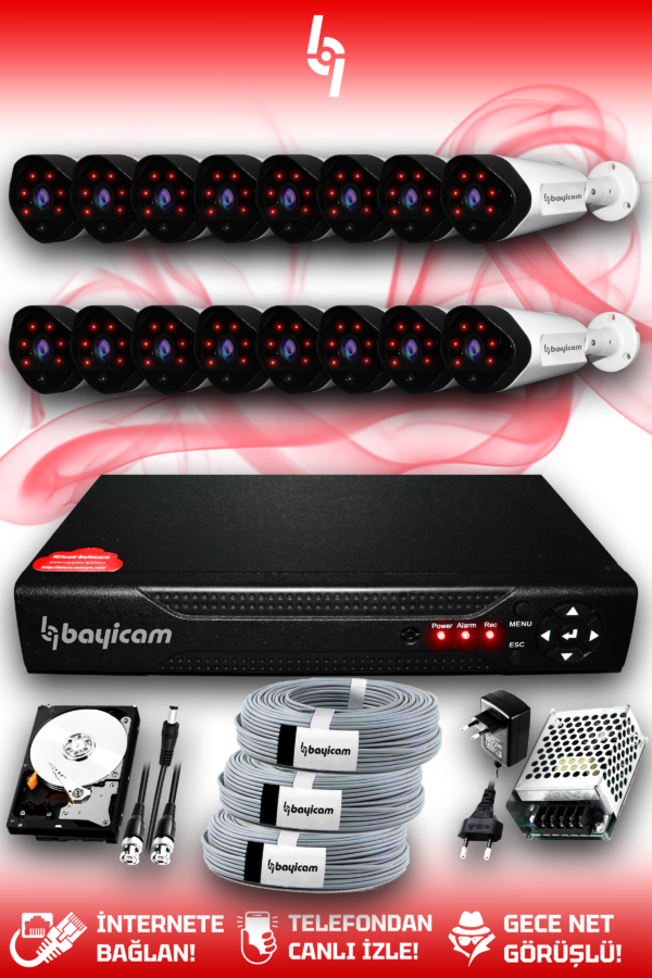 16 Kameralı Uzay 16 Dış Kamera Set 1 TB HDD Full HD Gece Görüşlü Güvenlik Kamerası Sistemi