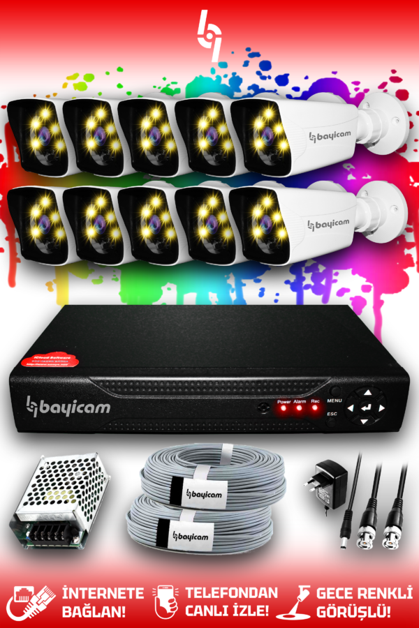 10 Kameralı Kare 10 Dış Kamera Set HDD'siz Full HD Renkli Gece Görüşlü Güvenlik Kamerası Sistemi