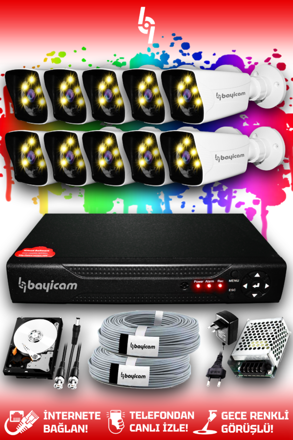 10 Kameralı Kare 10 Dış Kamera Set 1 TB HDD Full HD Renkli Gece Görüşlü Güvenlik Kamerası Sistemi
