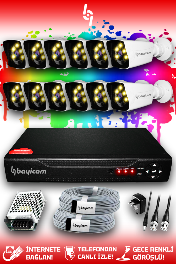 12 Kameralı Kare 12 Dış Kamera Set HDD'siz Full HD Renkli Gece Görüşlü Güvenlik Kamerası Sistemi