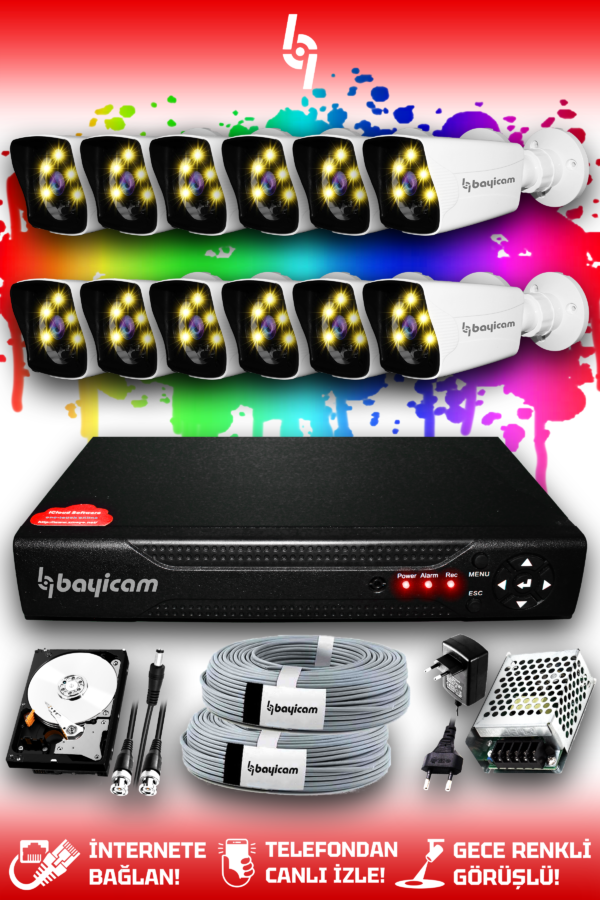 12 Kameralı Kare 12 Dış Kamera Set 2 TB HDD Full HD Renkli Gece Görüşlü Güvenlik Kamerası Sistemi