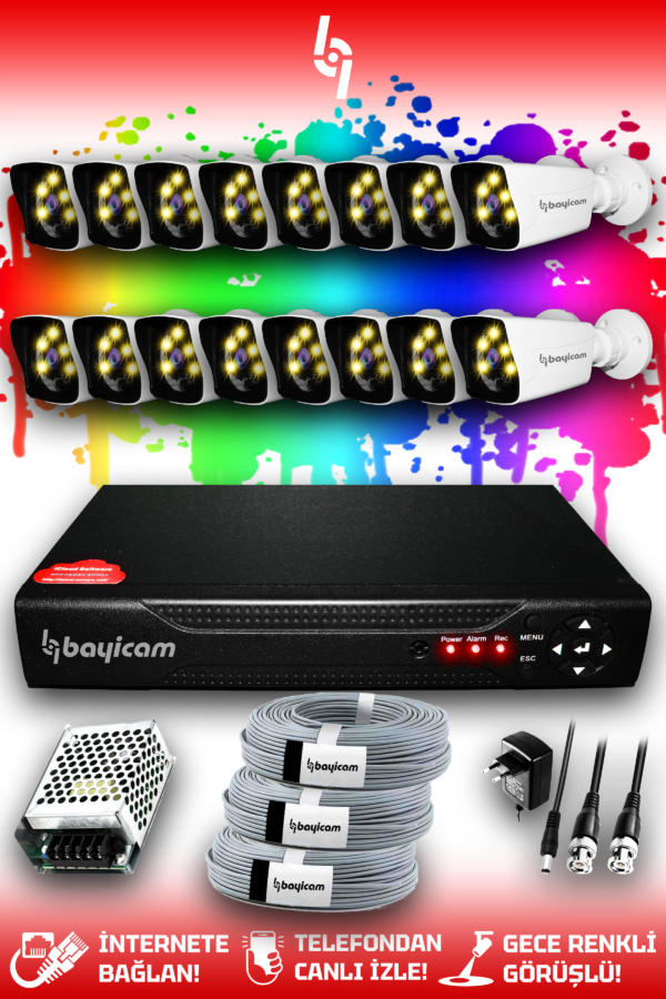 16 Kameralı Kare 16 Dış Kamera Set HDD'siz Full HD Renkli Gece Görüşlü Güvenlik Kamerası Sistemi