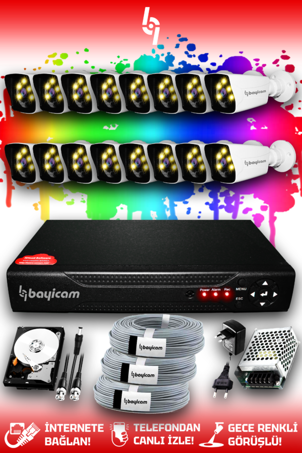 16 Kameralı Kare 16 Dış Kamera Set 2 TB HDD Full HD Renkli Gece Görüşlü Güvenlik Kamerası Sistemi