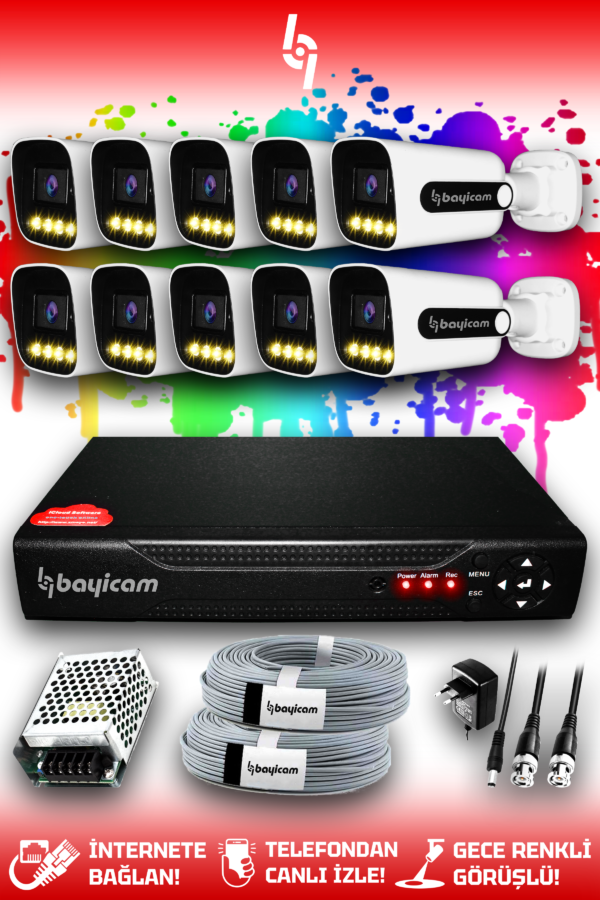 10 Kameralı Zebra 10 Dış Kamera Set HDD'siz Full HD Renkli Gece Görüşlü Güvenlik Kamerası Sistemi