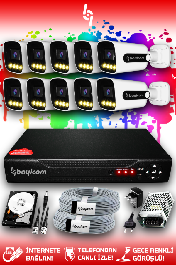 10 Kameralı Zebra 10 Dış Kamera Set 1 TB HDD Full HD Renkli Gece Görüşlü Güvenlik Kamerası Sistemi
