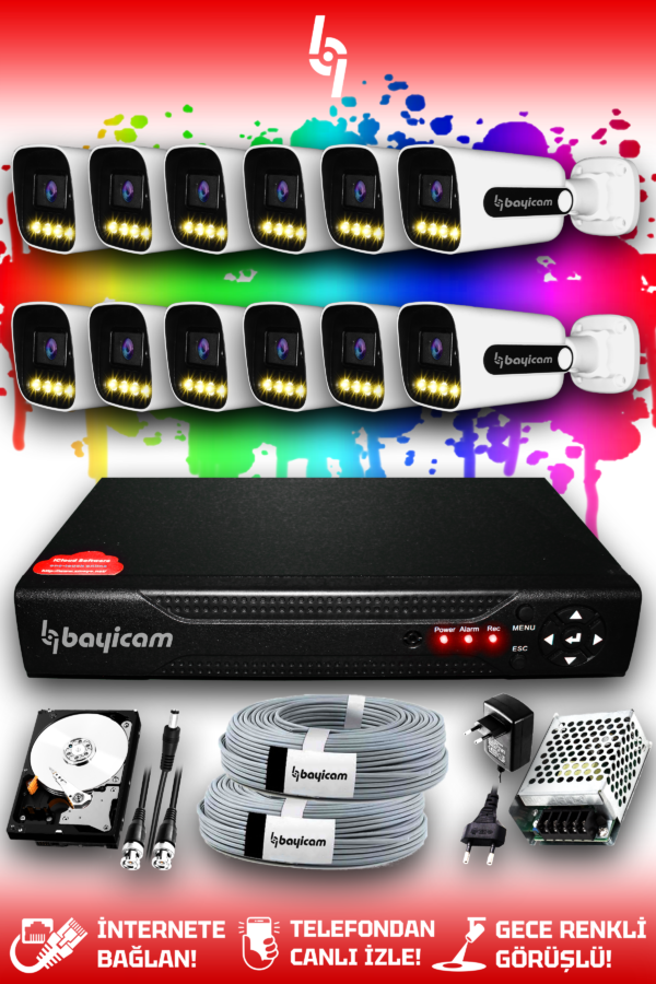 12 Kameralı Zebra 12 Dış Kamera Set 1 TB HDD Full HD Renkli Gece Görüşlü Güvenlik Kamerası Sistemi