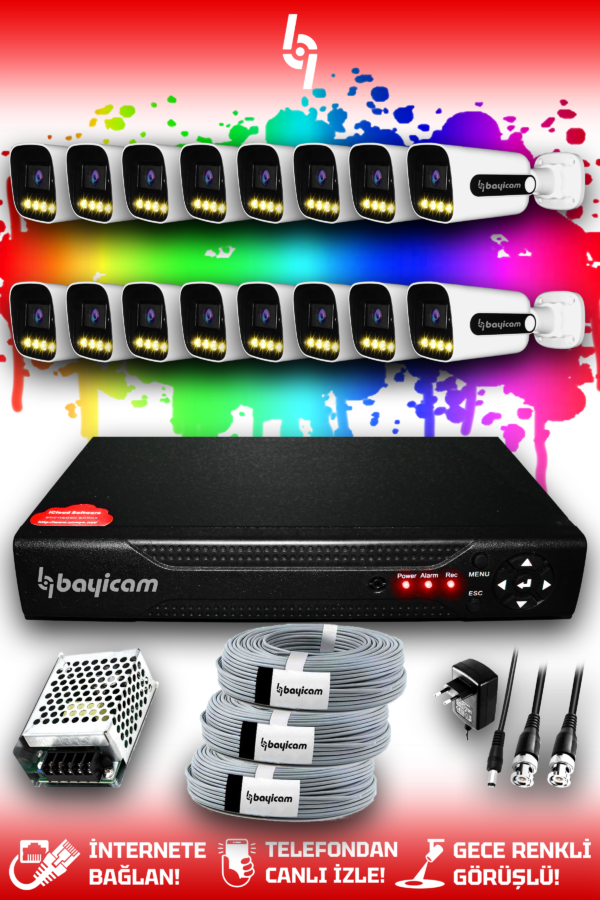 16 Kameralı Zebra 16 Dış Kamera Set HDD'siz Full HD Renkli Gece Görüşlü Güvenlik Kamerası Sistemi