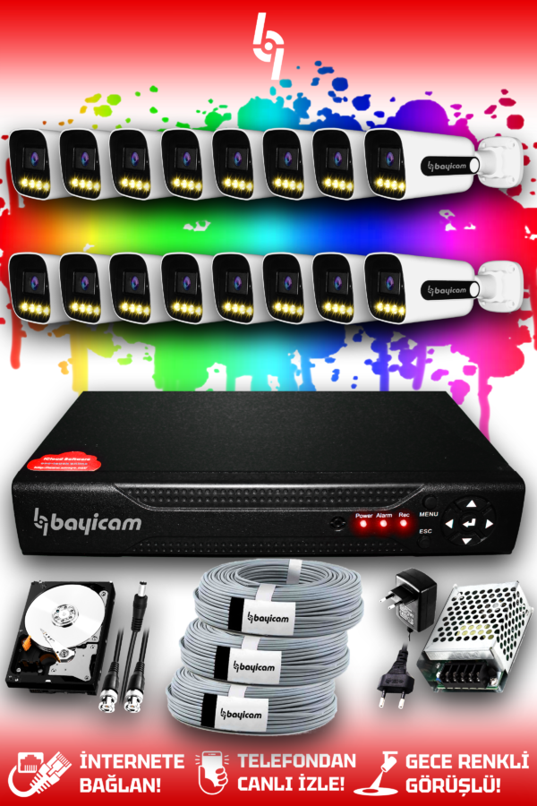 16 Kameralı Zebra 16 Dış Kamera Set 1 TB HDD Full HD Renkli Gece Görüşlü Güvenlik Kamerası Sistemi