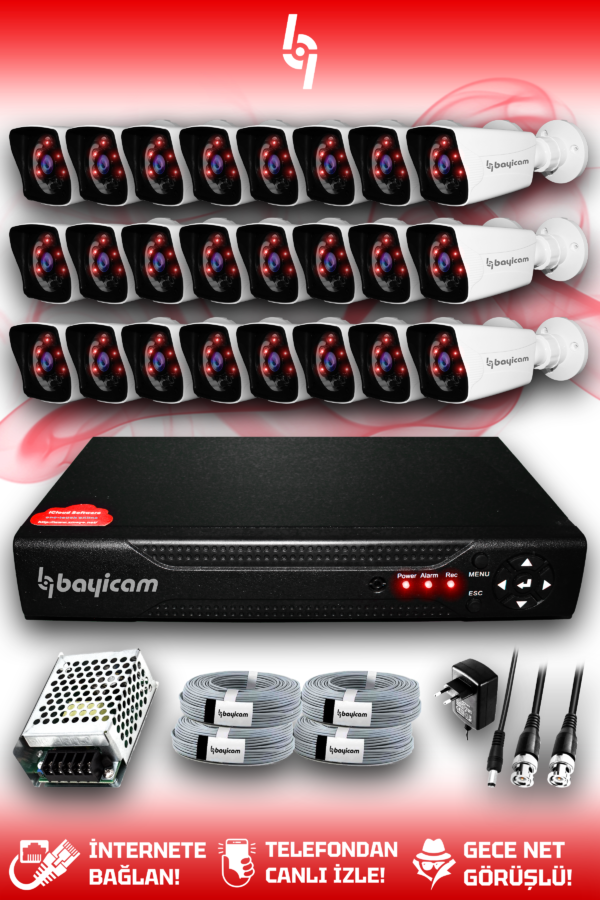 24 Kameralı Kare 24 Dış Kamera Set HDD'siz Full HD Gece Görüşlü Güvenlik Kamerası Sistemi