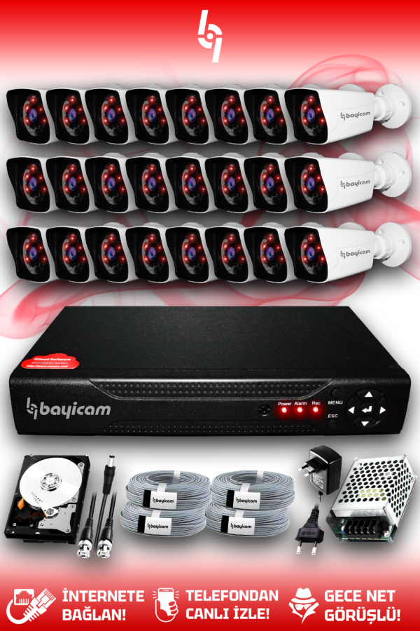 24 Kameralı Kare 24 Dış Kamera Set 1 TB HDD Full HD Gece Görüşlü Güvenlik Kamerası Sistemi