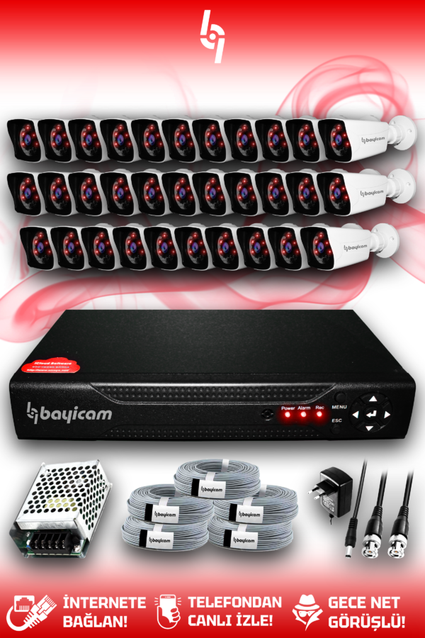 32 Kameralı Kare 32 Dış Kamera Set HDD'siz Full HD Gece Görüşlü Güvenlik Kamerası Sistemi