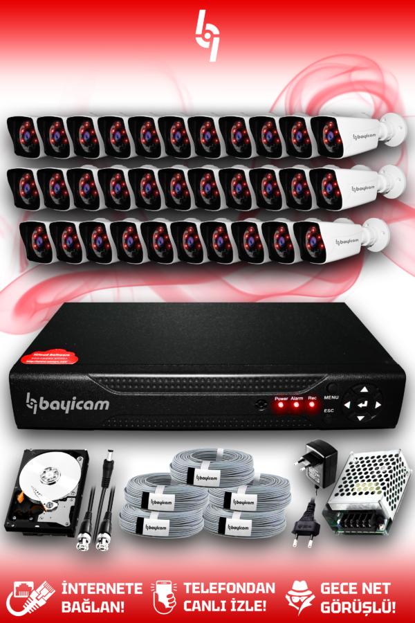 32 Kameralı Kare 32 Dış Kamera Set 2 TB HDD Full HD Gece Görüşlü Güvenlik Kamerası Sistemi