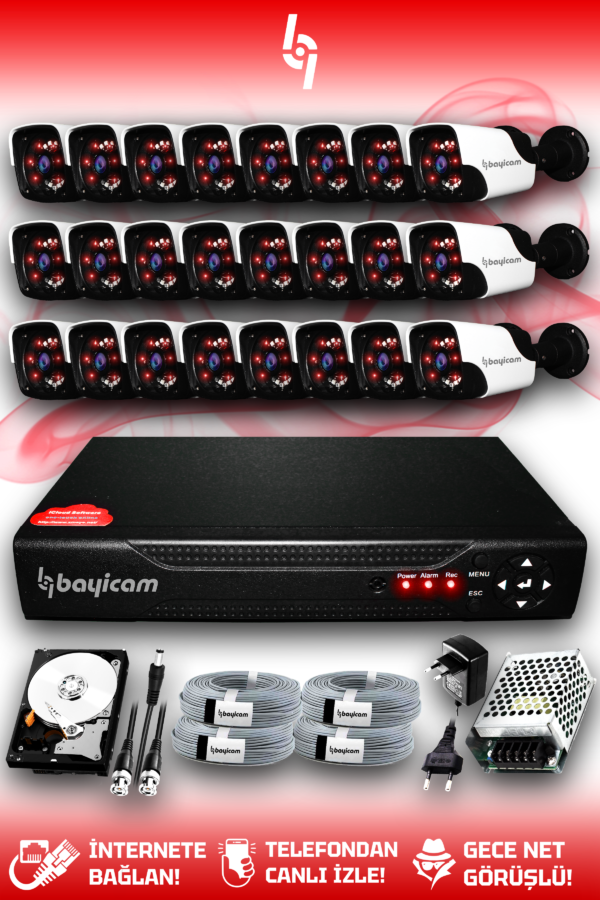 24 Kameralı Panda 24 Dış Kamera Set 1 TB HDD Full HD Gece Görüşlü Güvenlik Kamerası Sistemi