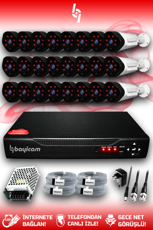 24 Kameralı Uzay 24 Dış Kamera Set HDD'siz Full HD Gece Görüşlü Güvenlik Kamerası Sistemi