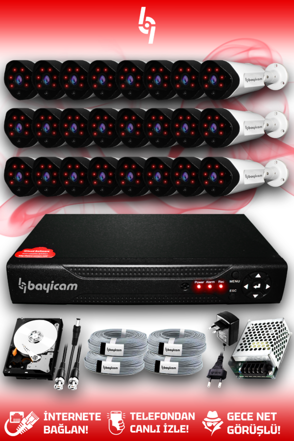 24 Kameralı Uzay 24 Dış Kamera Set 2 TB HDD Full HD Gece Görüşlü Güvenlik Kamerası Sistemi