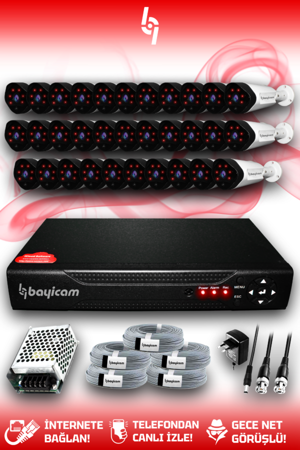 32 Kameralı Uzay 32 Dış Kamera Set HDD'siz Full HD Gece Görüşlü Güvenlik Kamerası Sistemi