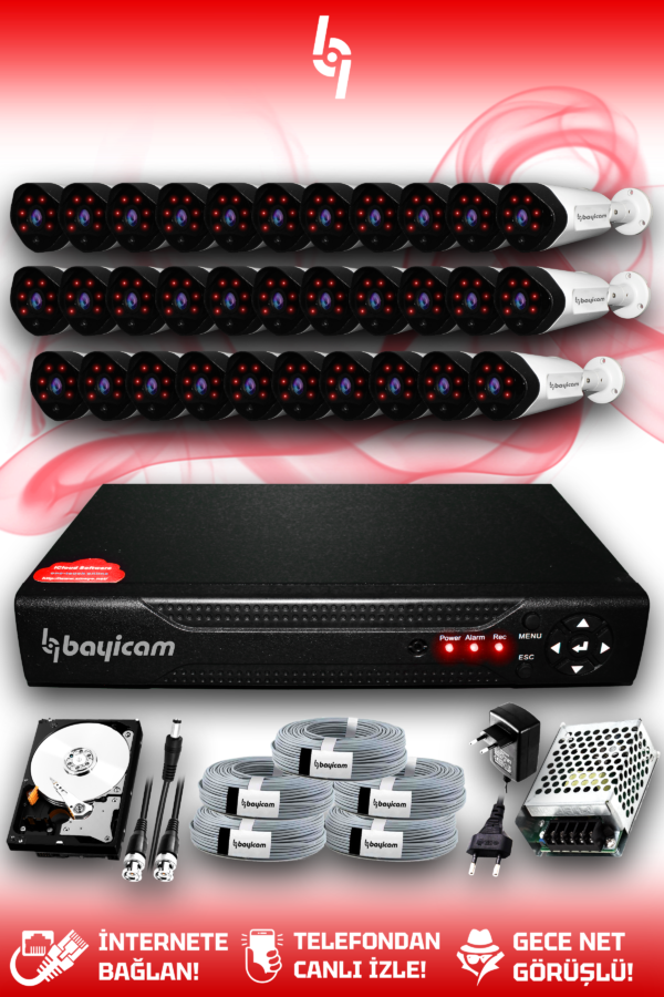 32 Kameralı Uzay 32 Dış Kamera Set 2 TB HDD Full HD Gece Görüşlü Güvenlik Kamerası Sistemi