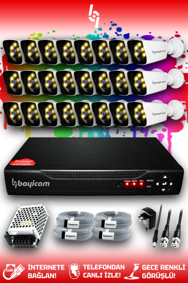 24 Kameralı Kare 24 Dış Kamera Set HDD'siz Full HD Renkli Gece Görüşlü Güvenlik Kamerası Sistemi