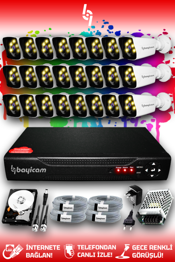 24 Kameralı Kare 24 Dış Kamera Set 1 TB HDD Full HD Renkli Gece Görüşlü Güvenlik Kamerası Sistemi