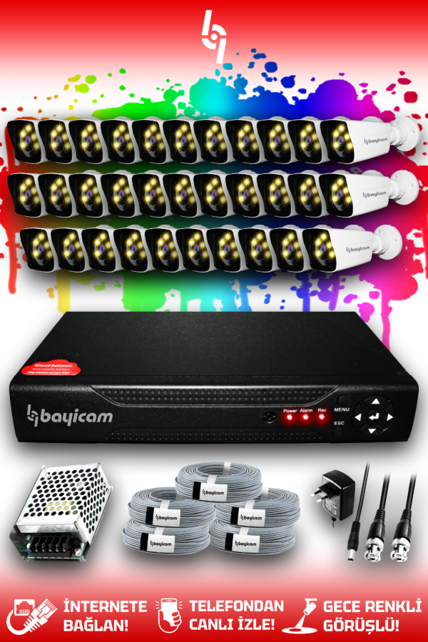 32 Kameralı Kare 32 Dış Kamera Set HDD'siz Full HD Renkli Gece Görüşlü Güvenlik Kamerası Sistemi