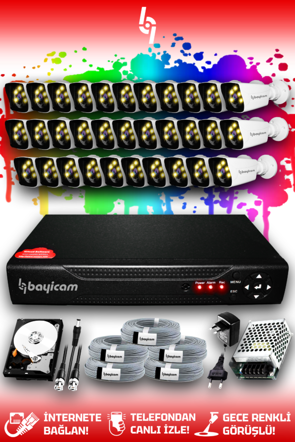 32 Kameralı Kare 32 Dış Kamera Set 2 TB HDD Full HD Renkli Gece Görüşlü Güvenlik Kamerası Sistemi
