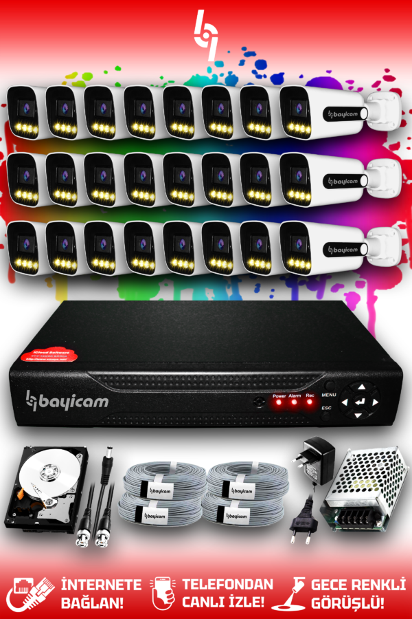 24 Kameralı Zebra 24 Dış Kamera Set 1 TB HDD Full HD Renkli Gece Görüşlü Güvenlik Kamerası Sistemi