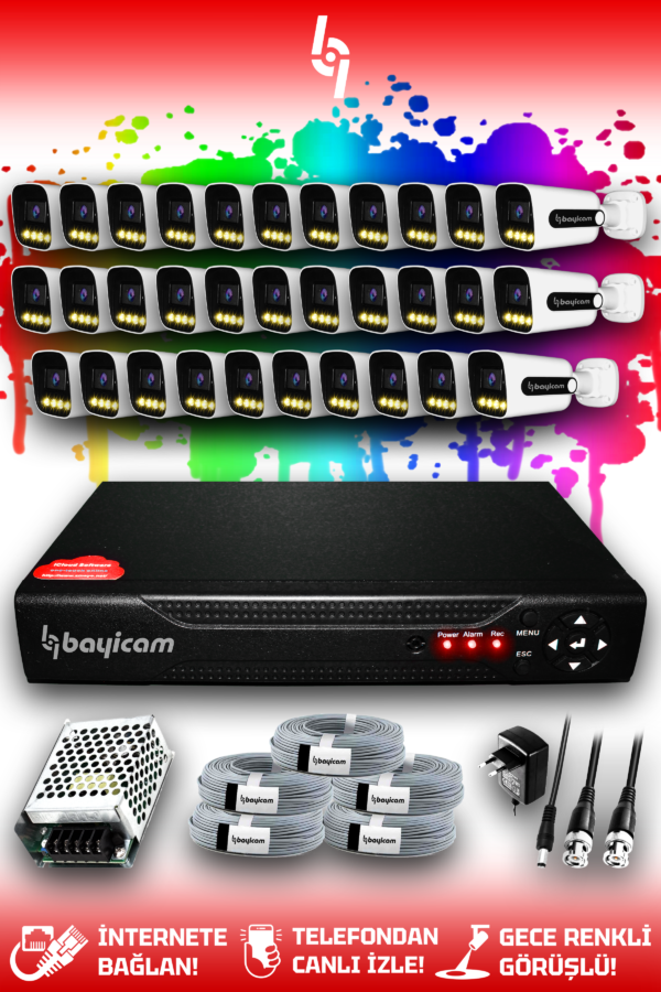 32 Kameralı Zebra 32 Dış Kamera Set HDD'siz Full HD Renkli Gece Görüşlü Güvenlik Kamerası Sistemi