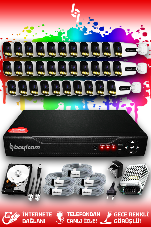 32 Kameralı Zebra 32 Dış Kamera Set 2 TB HDD Full HD Renkli Gece Görüşlü Güvenlik Kamerası Sistemi