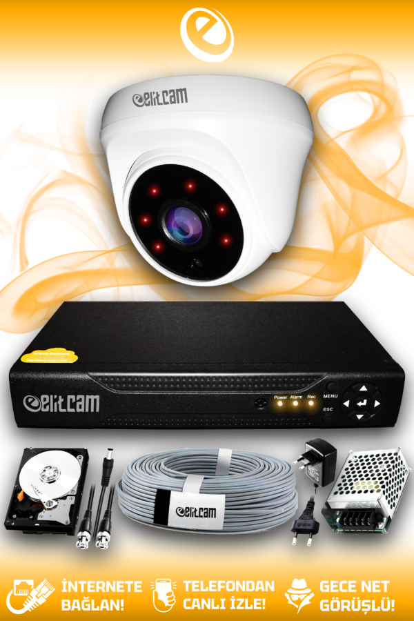 1 Kameralı Dome 1 İç Kamera Set 1 TB HDD Full HD Gece Görüşlü Güvenlik Kamerası Sistemi
