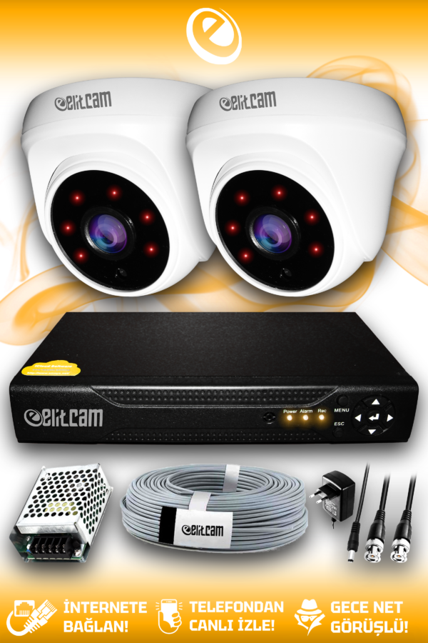 2 Kameralı Dome 2 İç Kamera Set HDD'siz Full HD Gece Görüşlü Güvenlik Kamerası Sistemi