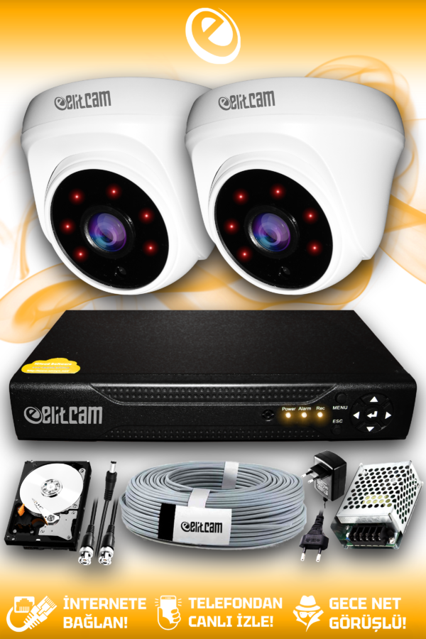 2 Kameralı Dome 2 İç Kamera Set 320 GB HDD Full HD Gece Görüşlü Güvenlik Kamerası Sistemi