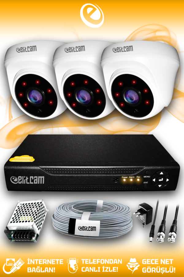 3 Kameralı Dome 3 İç Kamera Set HDD'siz Full HD Gece Görüşlü Güvenlik Kamerası Sistemi