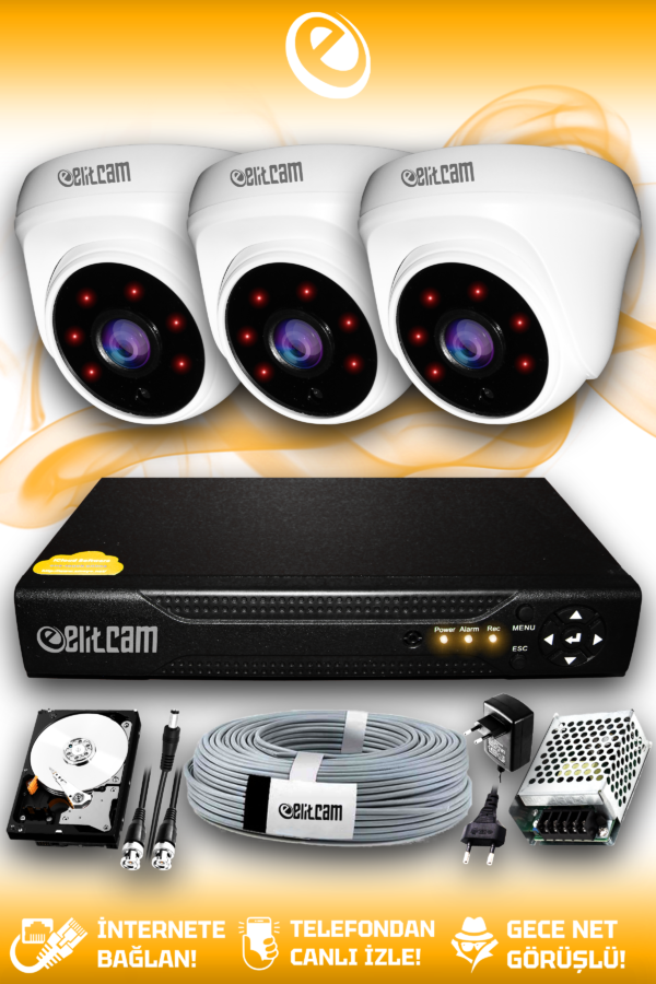 3 Kameralı Dome 3 İç Kamera Set 1 TB HDD Full HD Gece Görüşlü Güvenlik Kamerası Sistemi