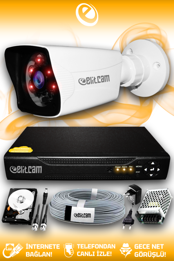 1 Kameralı Kare 1 Dış Kamera Set 1 TB HDD Full HD Gece Görüşlü Güvenlik Kamerası Sistemi