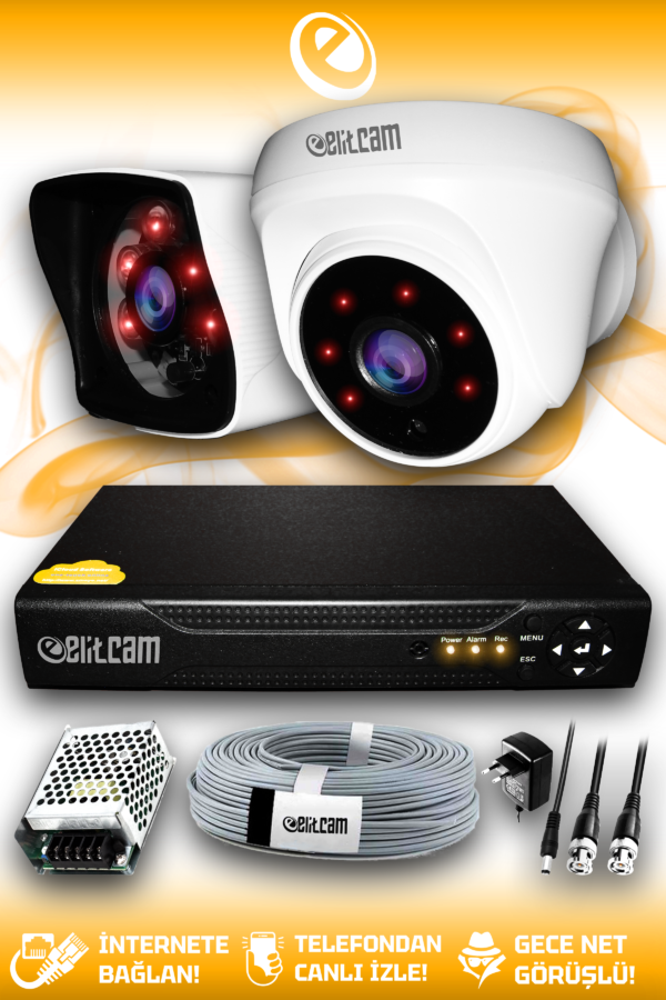 2 Kameralı Kare 1 İç Kamera Set HDD'siz Full HD Gece Görüşlü Güvenlik Kamerası Sistemi