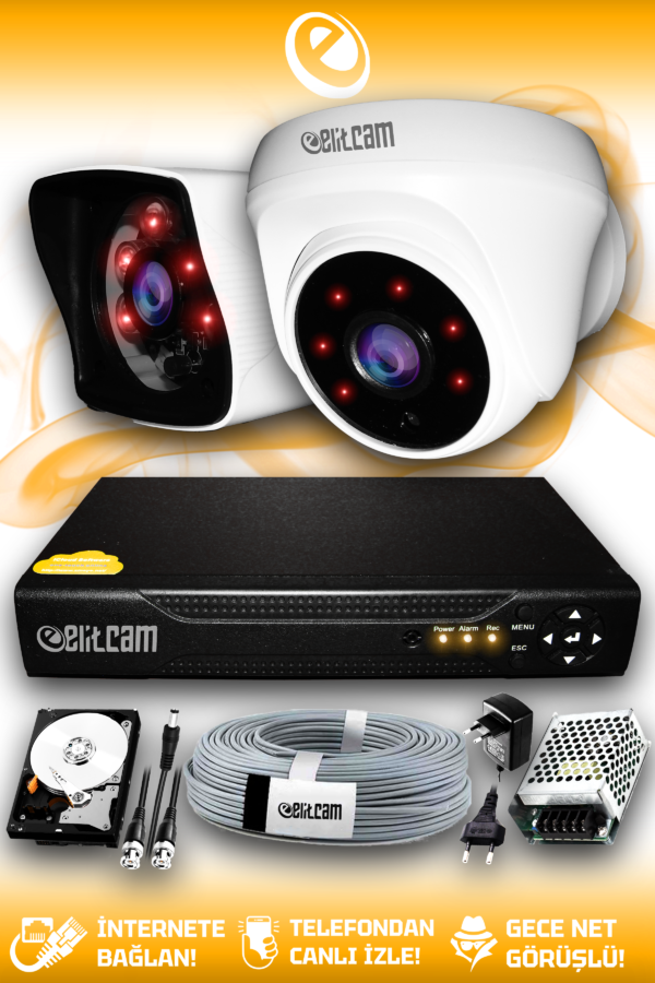2 Kameralı Kare 1 İç Kamera Set 320 GB HDD Full HD Gece Görüşlü Güvenlik Kamerası Sistemi