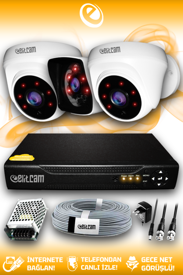 3 Kameralı Kare 2 İç Kamera Set HDD'siz Full HD Gece Görüşlü Güvenlik Kamerası Sistemi