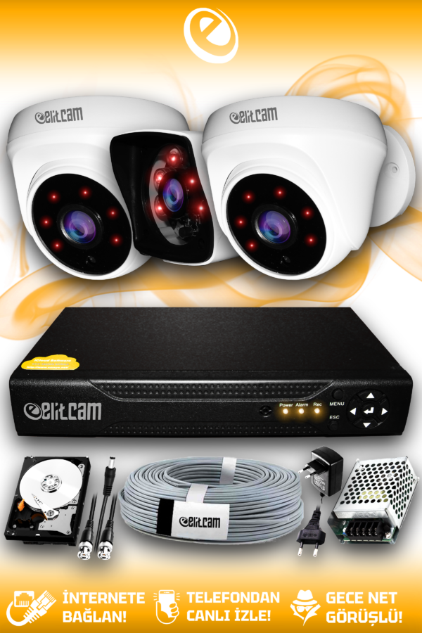 3 Kameralı Kare 2 İç Kamera Set 100 GB HDD Full HD Gece Görüşlü Güvenlik Kamerası Sistemi