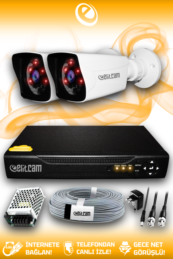 2 Kameralı Kare 2 Dış Kamera Set HDD'siz Full HD Gece Görüşlü Güvenlik Kamerası Sistemi