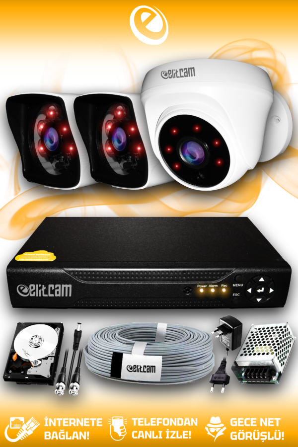 3 Kameralı Kare 1 İç Kamera Set 2 TB HDD Full HD Gece Görüşlü Güvenlik Kamerası Sistemi