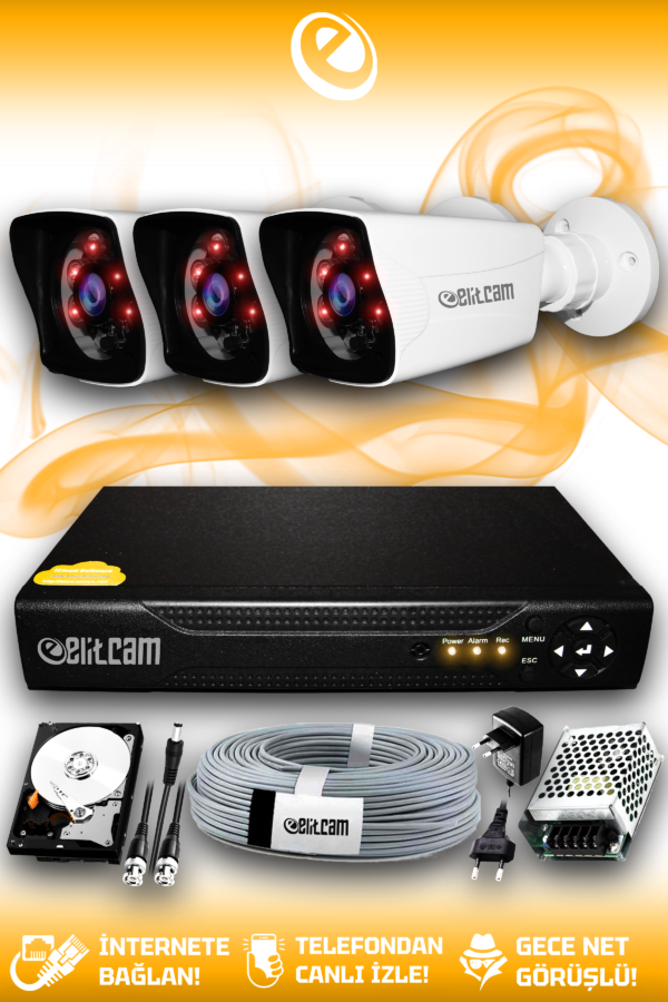 3 Kameralı Kare 3 Dış Kamera Set 1 TB HDD Full HD Gece Görüşlü Güvenlik Kamerası Sistemi
