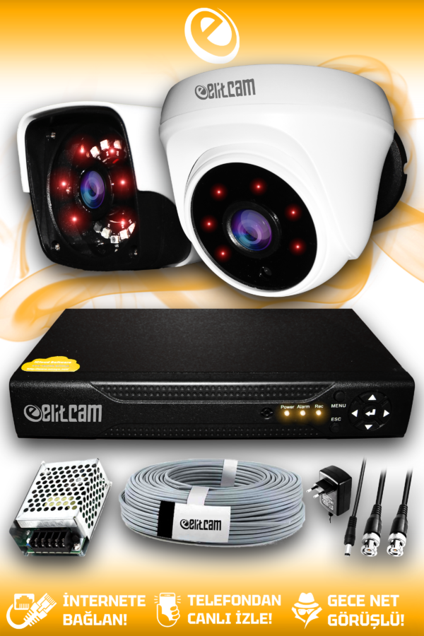 2 Kameralı Panda 1 İç Kamera Set HDD'siz Full HD Gece Görüşlü Güvenlik Kamerası Sistemi